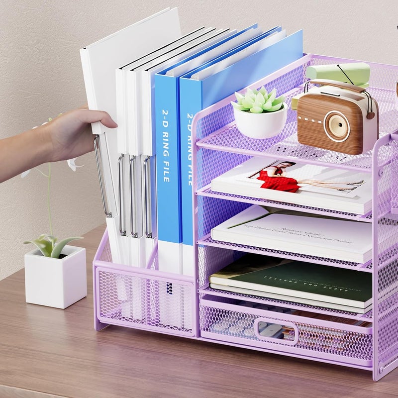 Marbrasse Desk Organizer with File Holder, 5-Tier Paper Letter Tray Organizer with Drawer and 2 Pen Holder, Mesh Desktop Organizer and Storage with Magazine Holder for Office Supplies(Purple) - Image 5