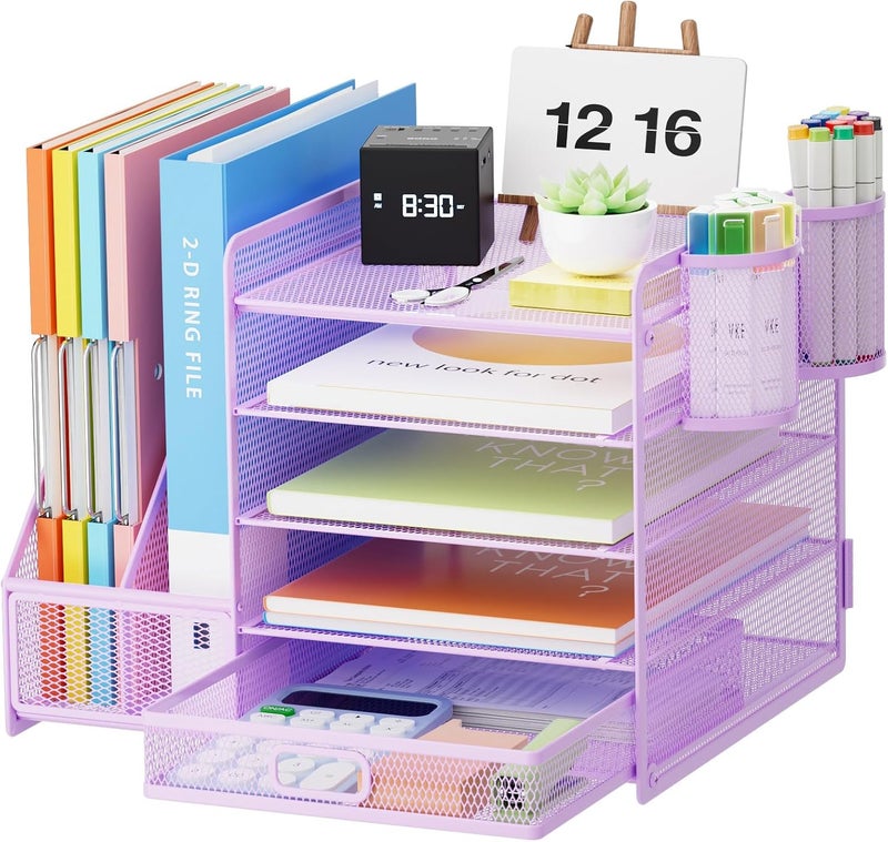 Marbrasse Desk Organizer with File Holder, 5-Tier Paper Letter Tray Organizer with Drawer and 2 Pen Holder, Mesh Desktop Organizer and Storage with Magazine Holder for Office Supplies(Purple) - Image 1