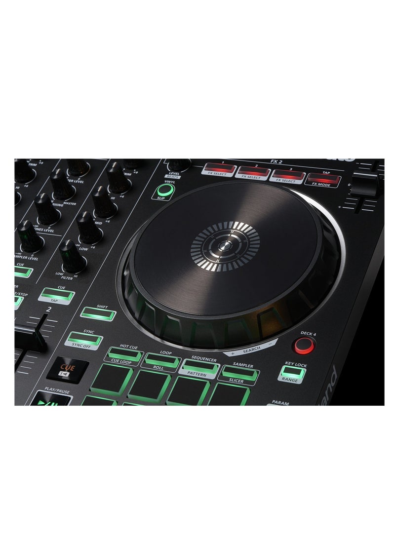 2-channel, 4-deck DJ Controller for Serato with Built-in TR-series Drum Sounds, Sequencer, 8 Pads, Transport Controls, Microphone Input with Vocal FX, and Serato DJ Lite Software