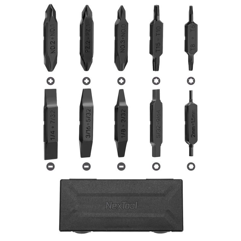 NexTool Bit Kit 10 DoubleEnded Screwdriver Bit Set for MultiTools NexTool Pocket Tool E1 and Flagship Captain Slot Phillips Hex and Torx Bits with Storage Case Perfect for Camping on the Go