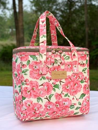 Kwang Min Floral Insulated Lunch Bag for WomenReusable Lunch BoxLarge Cooler for OfficePicnic OutdoorsPremium Waterproof FabricIdeal Floral Lunch Bag Beige Begonia - Image 3