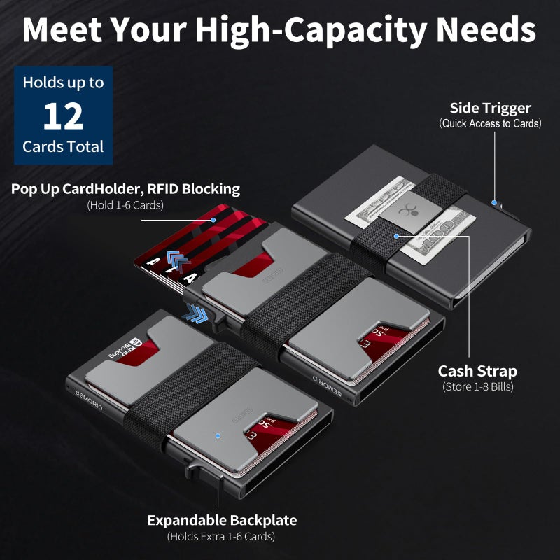 SEMORID Slim Aluminum Card Holder Wallet for Men, Durable Expandable Backplate, RFID Blocking Minimalist Metal Pop Up Wallet, Holds 12+ Cards Plus Cash - Image 5