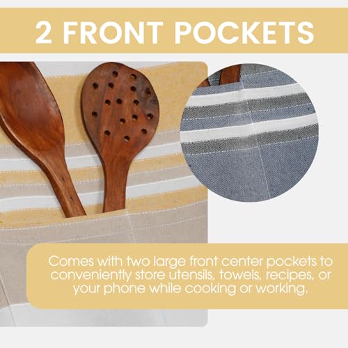 Värde 2 Pcs Unisex Cooking Aprons | Spillproof Layer | Striped Design with 2 Front Pockets & Free Size Neck Strap | Durable, Oil & Stain Resistant | Chef Apron for Cooking (2, Blue Bell & Chardonnay) - Image 4