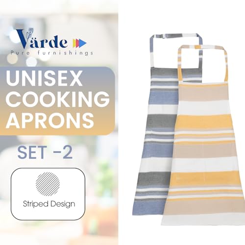 Värde 2 Pcs Unisex Cooking Aprons | Spillproof Layer | Striped Design with 2 Front Pockets & Free Size Neck Strap | Durable, Oil & Stain Resistant | Chef Apron for Cooking (2, Blue Bell & Chardonnay) - Image 2
