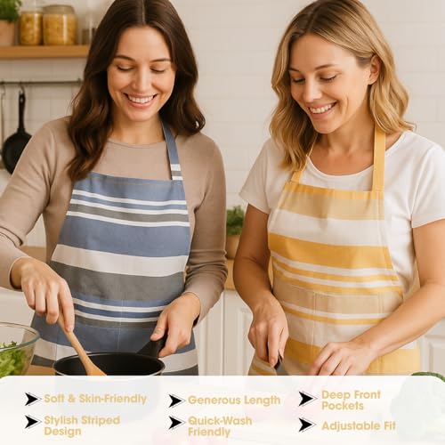 Värde 2 Pcs Unisex Cooking Aprons | Spillproof Layer | Striped Design with 2 Front Pockets & Free Size Neck Strap | Durable, Oil & Stain Resistant | Chef Apron for Cooking (2, Blue Bell & Chardonnay) - Image 5