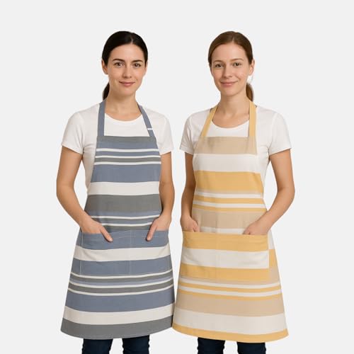 Värde 2 Pcs Unisex Cooking Aprons | Spillproof Layer | Striped Design with 2 Front Pockets & Free Size Neck Strap | Durable, Oil & Stain Resistant | Chef Apron for Cooking (2, Blue Bell & Chardonnay) - Image 1