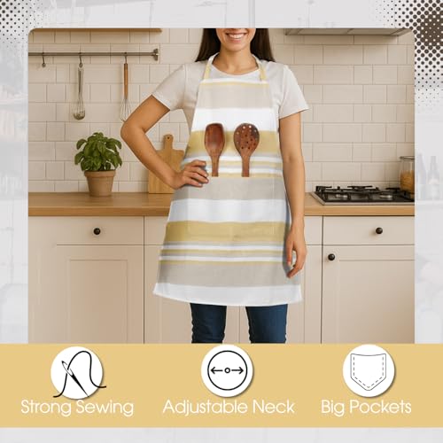 Värde 2 Pcs Unisex Cooking Aprons | Spillproof Layer | Striped Design with 2 Front Pockets & Free Size Neck Strap | Durable, Oil & Stain Resistant | Chef Apron for Cooking (2, Blue Bell & Chardonnay) - Image 3