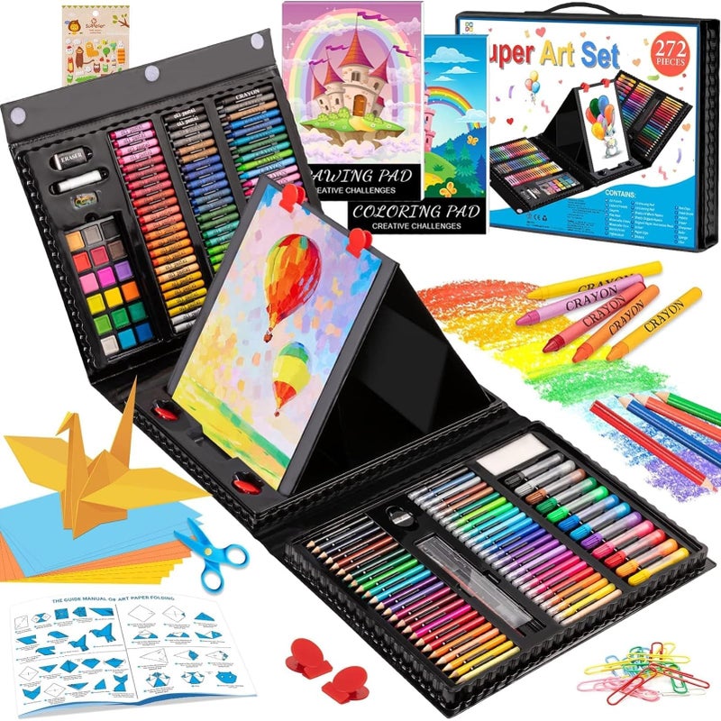 POPYOLA Art Supplies 272 Pack Art Set Drawing Kit for Girls Boys Teens Artist Deluxe Gift Art Box with Trifold Easel Origami Paper Coloring Book Drawing Pad Pastels Crayons Pencils WatercolorsBlack 