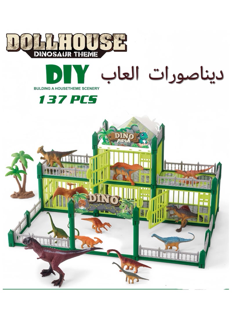 137-Piece Jungle Animal Figures Toys Set, Plastic Dinosaur Figurines and Fence Play Toy, DIY Mini Jurassic Dinosaur Land Toys With Dinosaur and Building Model Toys Gifts for Kids 3+,  Non Toxic Multicolored. - Image 1