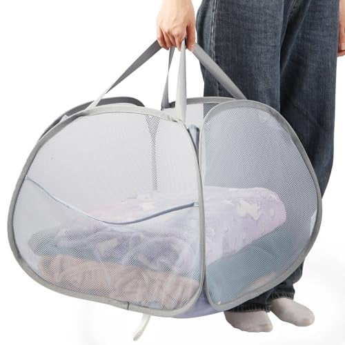 Bemkoo Collapsible Laundry Baskets, 90L Large Foldable Laundry Basket, Durable Mesh Pop Up Hampers for Laundry, Dirty Clothes Laundry Hamper for Bedroom, Bathroom, Dorm, Laundry Room, Travel or Camping Grey - Image 1