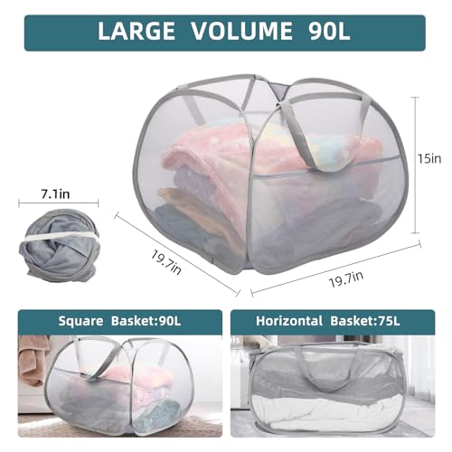 Bemkoo Collapsible Laundry Baskets, 90L Large Foldable Laundry Basket, Durable Mesh Pop Up Hampers for Laundry, Dirty Clothes Laundry Hamper for Bedroom, Bathroom, Dorm, Laundry Room, Travel or Camping Grey - Image 3