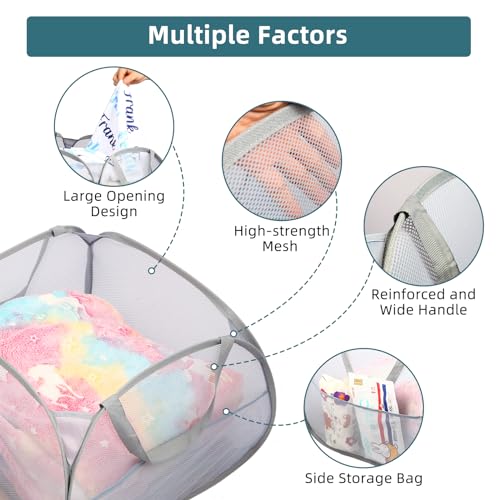 Bemkoo Collapsible Laundry Baskets, 90L Large Foldable Laundry Basket, Durable Mesh Pop Up Hampers for Laundry, Dirty Clothes Laundry Hamper for Bedroom, Bathroom, Dorm, Laundry Room, Travel or Camping Grey - Image 5