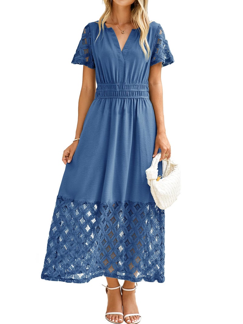 Simplee Apparel Simplee Womens Semi Formal Wedding Guest Dress - Summer Casual Short Sleeve Long Flowy Lace Boho Maxi Dresses (Blue M) - Image 1