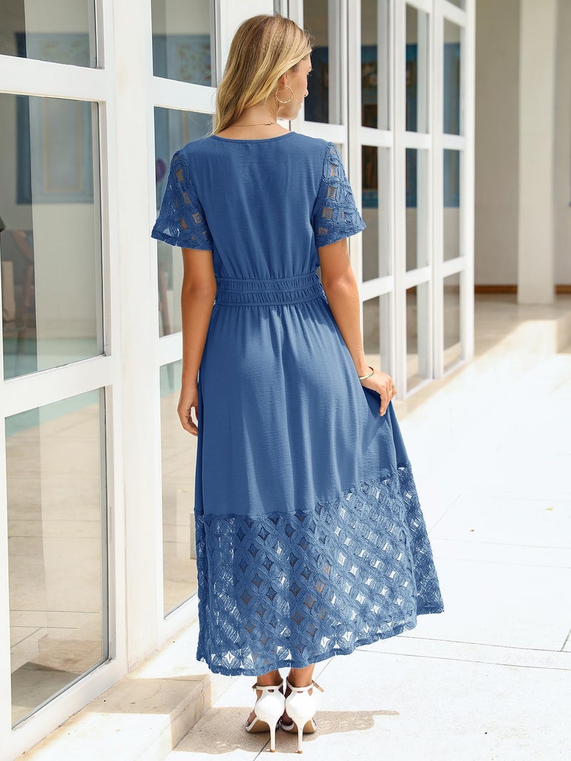 Simplee Apparel Simplee Womens Semi Formal Wedding Guest Dress - Summer Casual Short Sleeve Long Flowy Lace Boho Maxi Dresses (Blue M) - Image 5