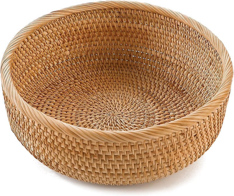 HITOMEN Handmade Rattan Bread Baskets Round Wicker Fruit Serving Storage Bowls, Natural Woven Decorative Kitchen Counter Organizing (Honey Brown) L-10.3" - Image 1