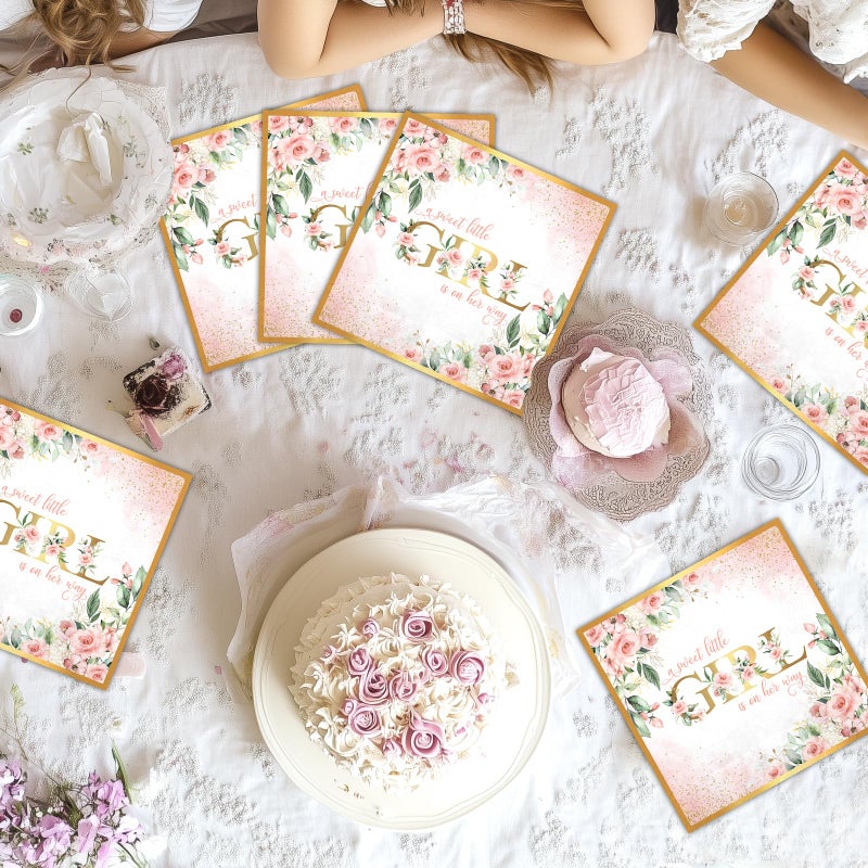 Lecheme Rose Gold Baby Girl Shower Napkins 100-Pcs A Sweet Little Girl Is on Her Way Floral Paper Napkins for Guests Baby Shower Dinner Lunch Table Decorations 6.5x6.5 Inch - Image 4