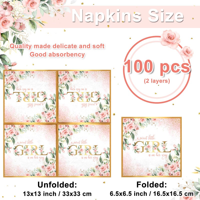 Lecheme Rose Gold Baby Girl Shower Napkins 100-Pcs A Sweet Little Girl Is on Her Way Floral Paper Napkins for Guests Baby Shower Dinner Lunch Table Decorations 6.5x6.5 Inch - Image 2