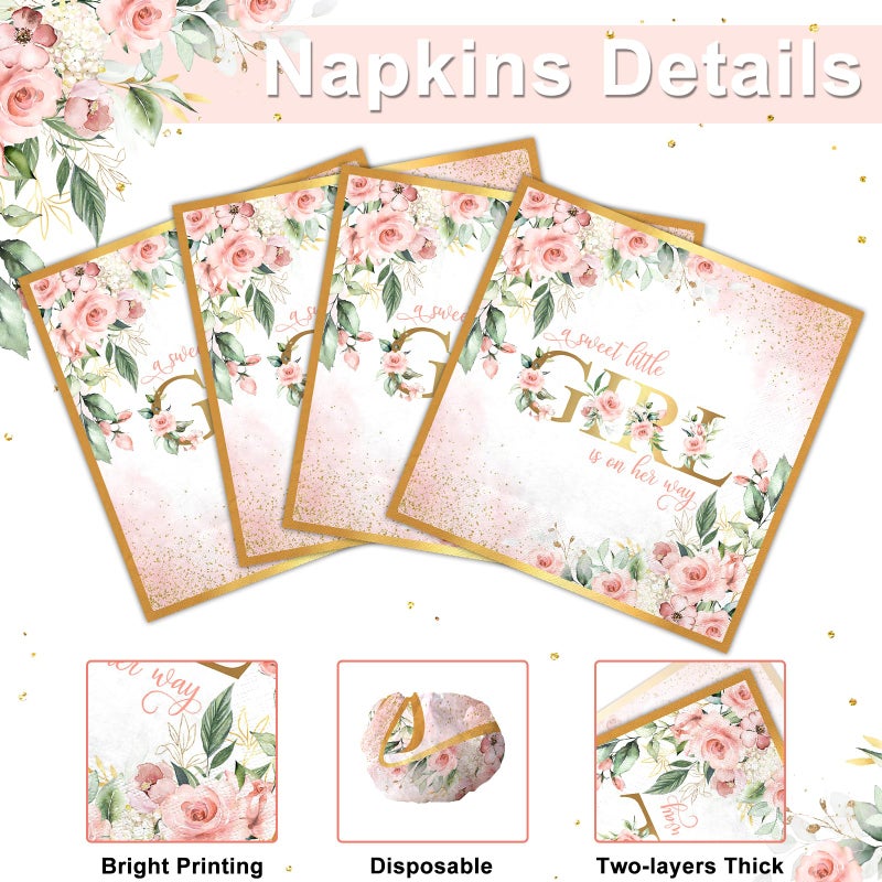 Lecheme Rose Gold Baby Girl Shower Napkins 100-Pcs A Sweet Little Girl Is on Her Way Floral Paper Napkins for Guests Baby Shower Dinner Lunch Table Decorations 6.5x6.5 Inch - Image 3
