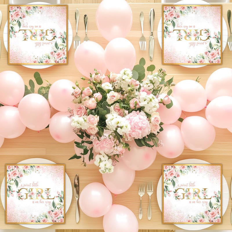 Lecheme Rose Gold Baby Girl Shower Napkins 100-Pcs A Sweet Little Girl Is on Her Way Floral Paper Napkins for Guests Baby Shower Dinner Lunch Table Decorations 6.5x6.5 Inch - Image 5