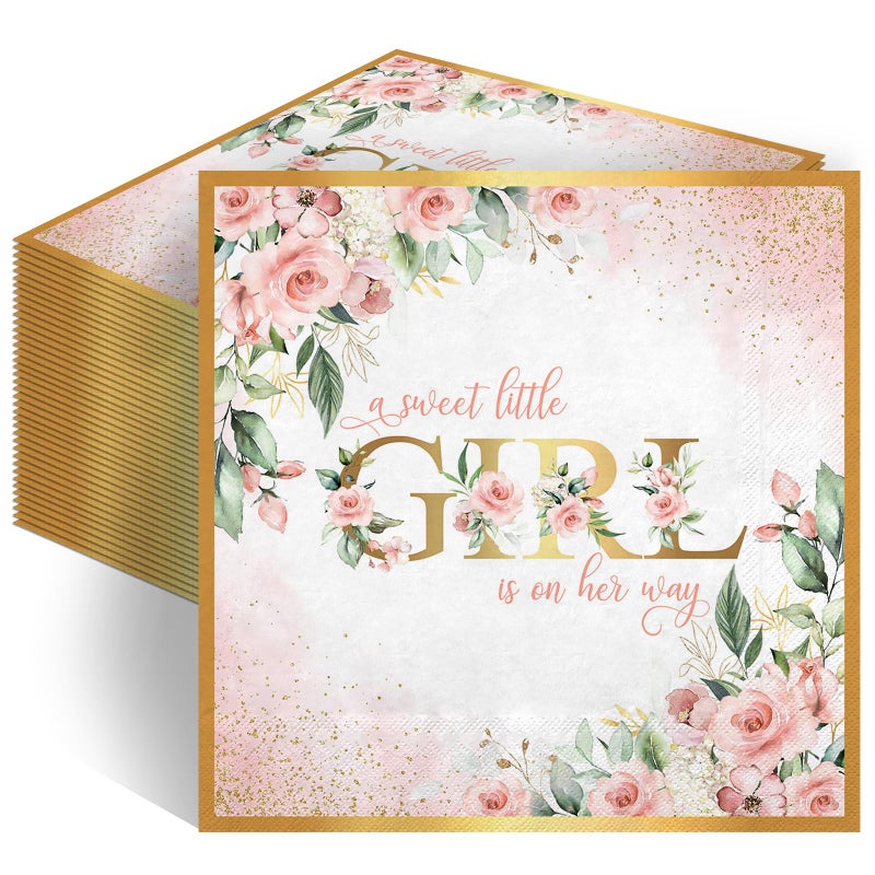 Lecheme Rose Gold Baby Girl Shower Napkins 100-Pcs A Sweet Little Girl Is on Her Way Floral Paper Napkins for Guests Baby Shower Dinner Lunch Table Decorations 6.5x6.5 Inch - Image 1