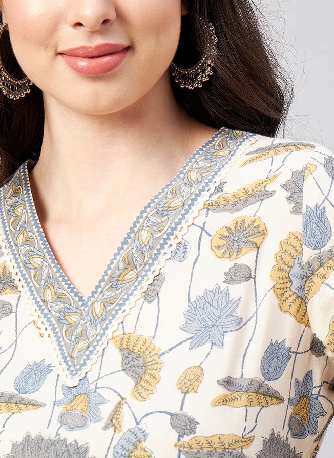 WineRed كُرتا قطنية نقوش زهرية مع بنطلونات بالازو للنساء - Image 2