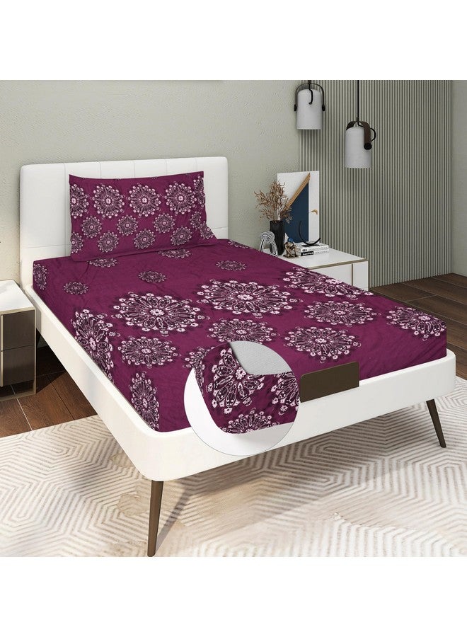 RD TREND Presents Luxurious Glace Cotton Super Soft 210 TC 360° Elastic Fitted Bedsheets Single Bed Size (72 x 48 x 8 Inch) with 1 Pillow Cover Size (28 x18), Color- Wine, Floral - Image 1