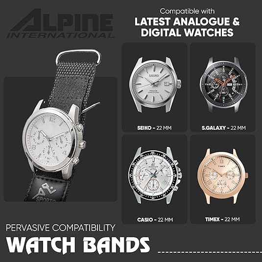ALPINE INTERNATIONAL حزام ساعة ALPINE القابل للتعديل من قماش النايلون الرياضي - حزام ساعة مقاوم للماء وسريع الجفاف للنساء والرجال - متوافق مع أحزمة الساعات العادية والذكية (أسود) - Image 2