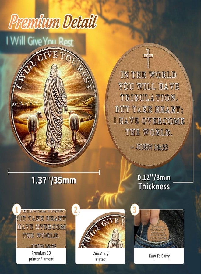 IELCJJ I Will Give You Rest Christian Challenge Coin - The Good Shepherd John 16 33 God Prayer Token - Art Pocket Bible Verses Jesus Coins - Lucky Religious Commemorative Gifts for Men Women - Image 3