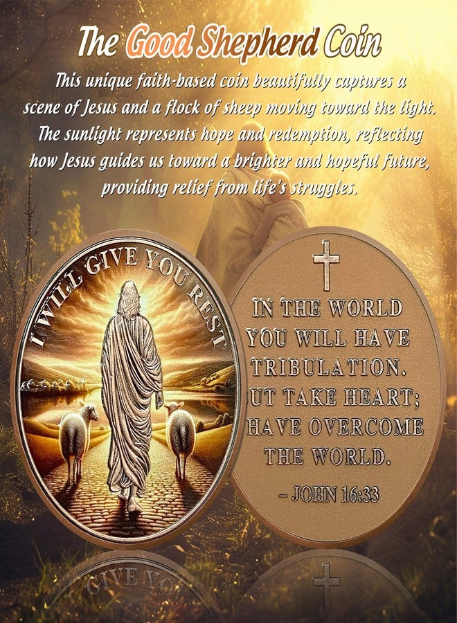 IELCJJ I Will Give You Rest Christian Challenge Coin - The Good Shepherd John 16 33 God Prayer Token - Art Pocket Bible Verses Jesus Coins - Lucky Religious Commemorative Gifts for Men Women - Image 2