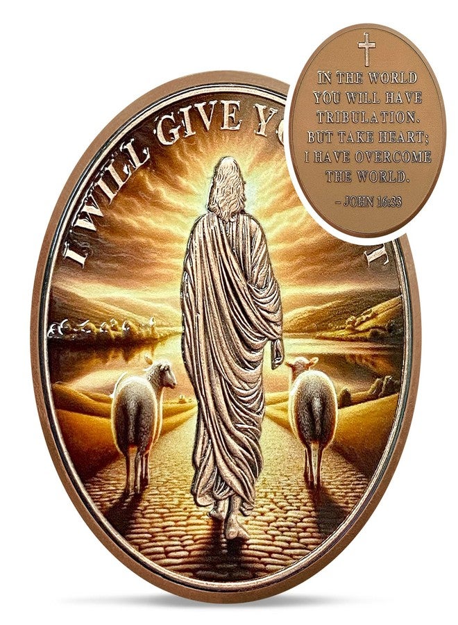 IELCJJ I Will Give You Rest Christian Challenge Coin - The Good Shepherd John 16 33 God Prayer Token - Art Pocket Bible Verses Jesus Coins - Lucky Religious Commemorative Gifts for Men Women - Image 1