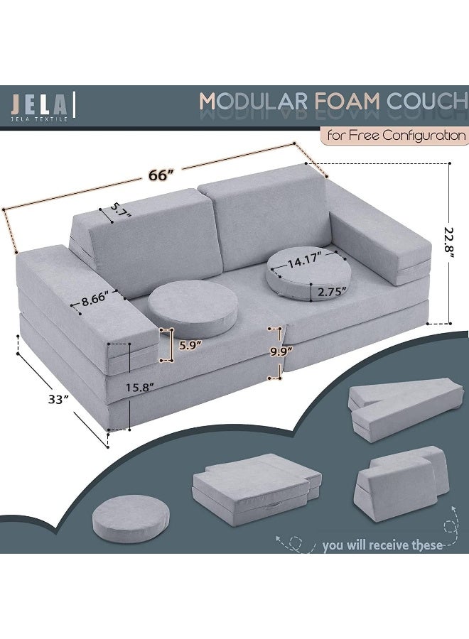 jela أريكة جلا للأطفال 10 قطع فاخرة، أثاث Modular للبالغين، مجموعة ألعاب منزلية للأطفال الرضع، أريكة لعب من الفوم (كلاسيكي، رمادي ضوء القمر) - Image 2