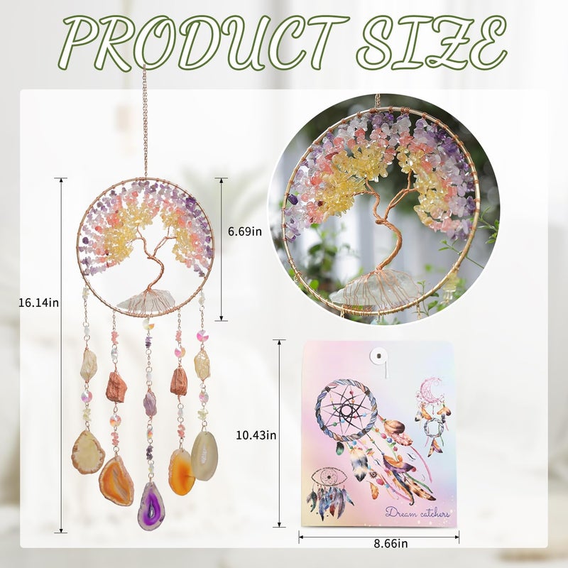 Dreamsum Agate Moon Dream Catchers with Crystal Color Gemstone Dream Catchers Natural Tree of Life Gem Agate Wall Hangings Room Garden Dreamcatchers Decor (Color) - Image 2