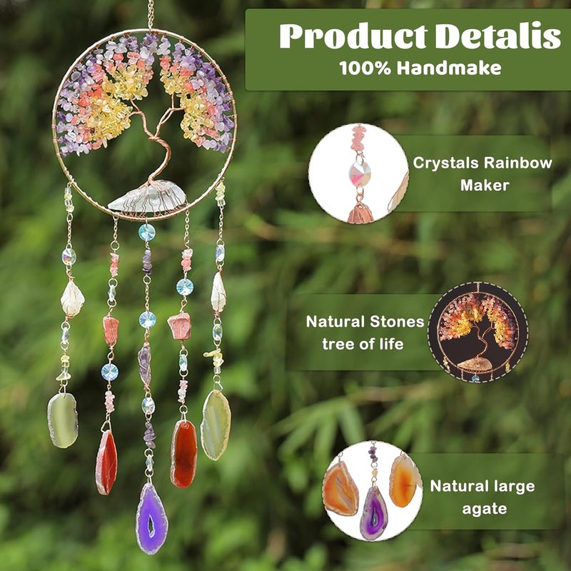 Dreamsum Agate Moon Dream Catchers with Crystal Color Gemstone Dream Catchers Natural Tree of Life Gem Agate Wall Hangings Room Garden Dreamcatchers Decor (Color) - Image 3