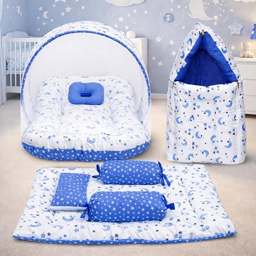 Fareto Combo of Baby Bed with Net | Carry Bag | 4 Pcs Bedding Set (0-6 Months, Baby Size, Cotton) (Blue Moon) - Image 1