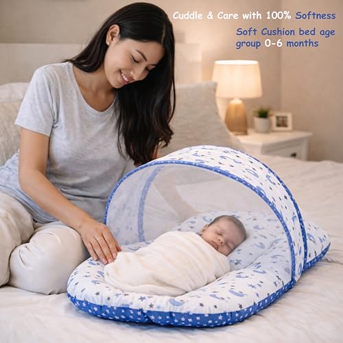 Fareto Combo of Baby Bed with Net | Carry Bag | 4 Pcs Bedding Set (0-6 Months, Baby Size, Cotton) (Blue Moon) - Image 2