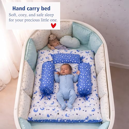 Fareto Combo of Baby Bed with Net | Carry Bag | 4 Pcs Bedding Set (0-6 Months, Baby Size, Cotton) (Blue Moon) - Image 3
