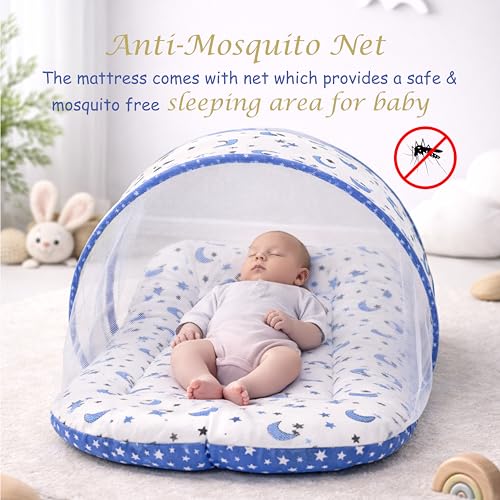 Fareto Combo of Baby Bed with Net | Carry Bag | 4 Pcs Bedding Set (0-6 Months, Baby Size, Cotton) (Blue Moon) - Image 5