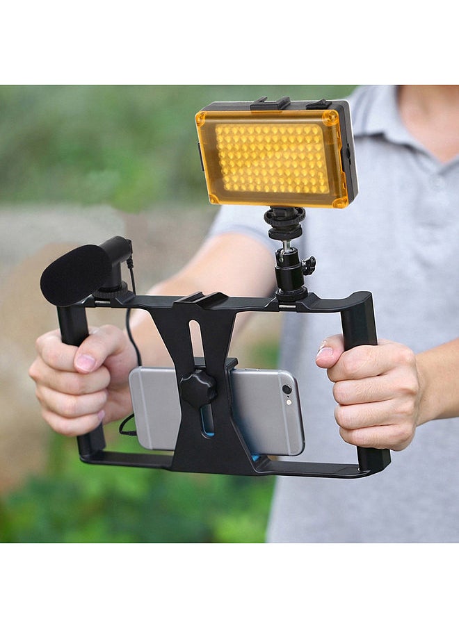 PULUZ PKT3023 Smartphone Handheld Filmmaking Video Rig + 96 LEDs LED Studio Light + Video Microphone + Mini Tripod Mount Kits with Cold Shoe Tripod Head for Outdoor Shooting Live Broadcast  - Image 4