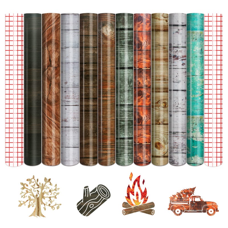 Tintnut Wood Pattern Permanent Vinyl 10 Sheets 12x10 Brown Wood White Wooden Planks Patterned Permanent Adhesive Vinyl for Cutting Machine Home Decor Self Sticker