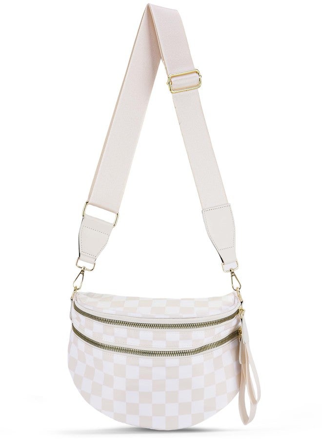 NIDOOT Checkered Crossbody Bum Bags for Women,Trendy Summer Large Capacity Checkered Cross Body Bag Purses for Women 2025, Beige and White Checkered, 12.8 x 5.6x8.8 inches - Image 1