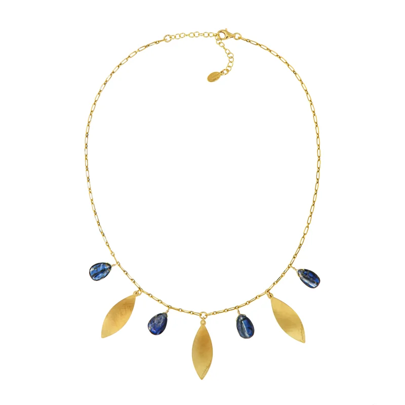 جواندلينا Gold Necklace with Chianite Flat Dropa and Silver Hand made Satinated Drops