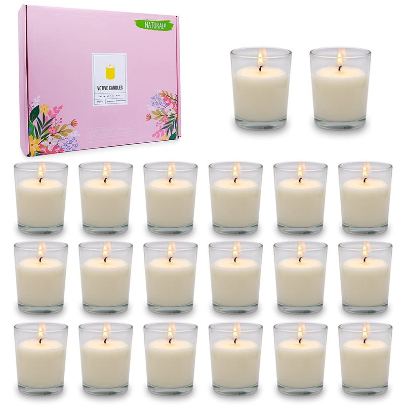 20 Packs Unscented White Votive Candles in Glass Small 2 Inch Natural Soy Wax NonToxic Clean Burning Candles for Wedding Table Home Spa Holidays Party