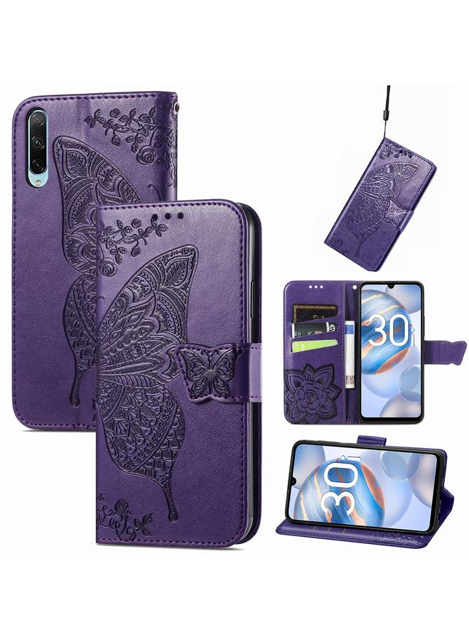 اس-توب جراب هاتف Honor 30i من الجلد المنقوش بنقشة زهور الحب والفراشات - Image 1