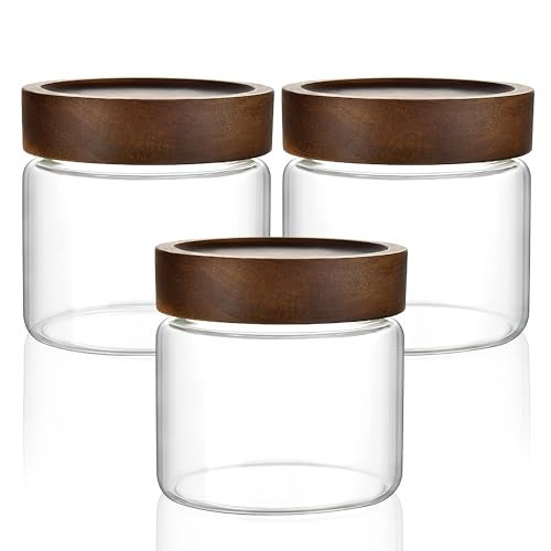 MOLADRI 3 Pack 17 fl oz500ml Clear Glass Storage Canister with Airtight Wooden Screw On Lid Small Cute Decorative Glass Container Jar Set for Coffee Candy Cookie Condiment Pepper Sugar Oatmeal - Image 1