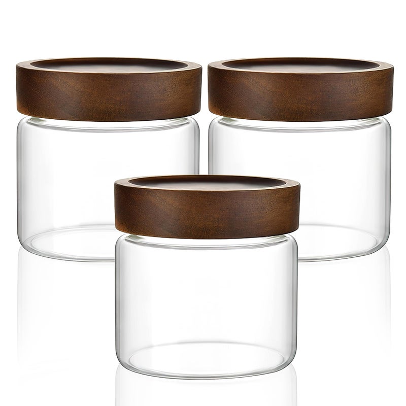 MOLADRI 3 Pack 17 fl oz500ml Clear Glass Storage Canister with Airtight Wooden Screw On Lid Small Cute Decorative Glass Container Jar Set for Coffee Candy Cookie Condiment Pepper Sugar Oatmeal - Image 2