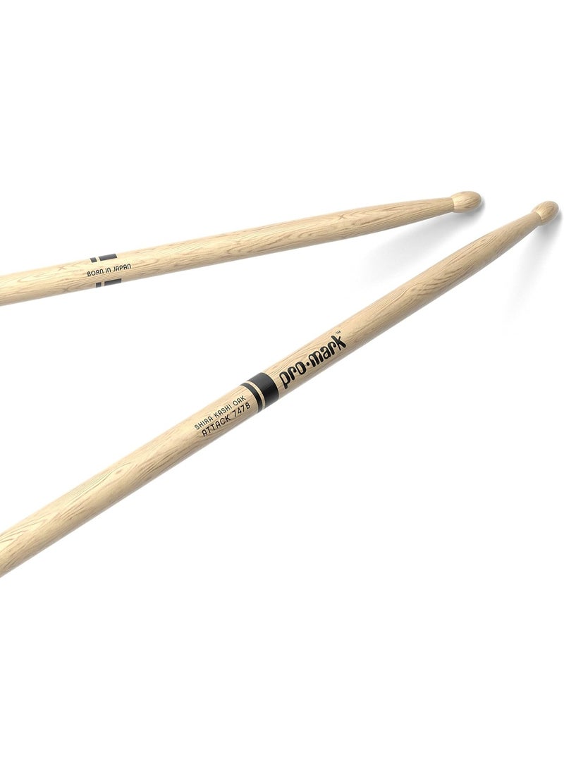 ProMark Classic Attack 747B Shira Kashi Oak Drumsticks, Oval Wood Tip, One Pair - Image 1