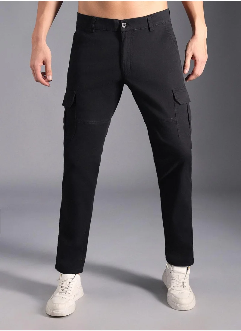 هاي ستار Black Relaxed Fit Mid-Rise Cotton Cargo Trousers for Men