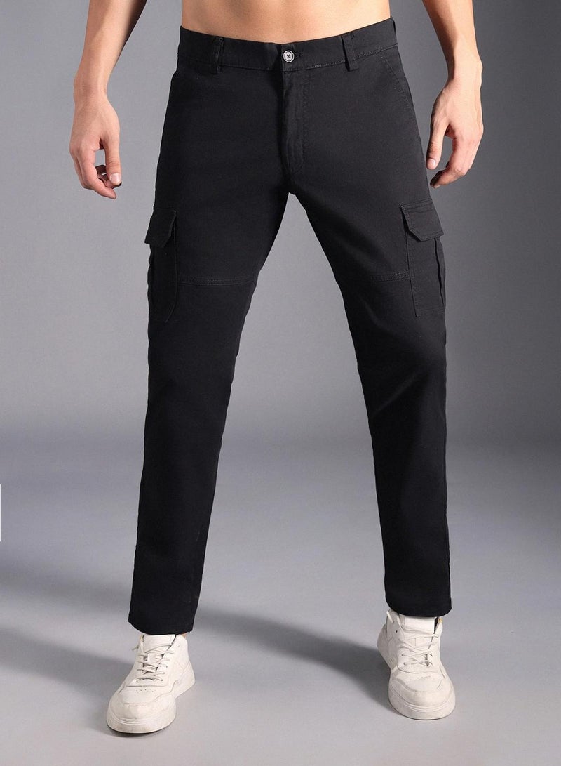 HIGH STAR Black Relaxed Fit Mid-Rise Cotton Cargo Trousers for Men  - Image 2