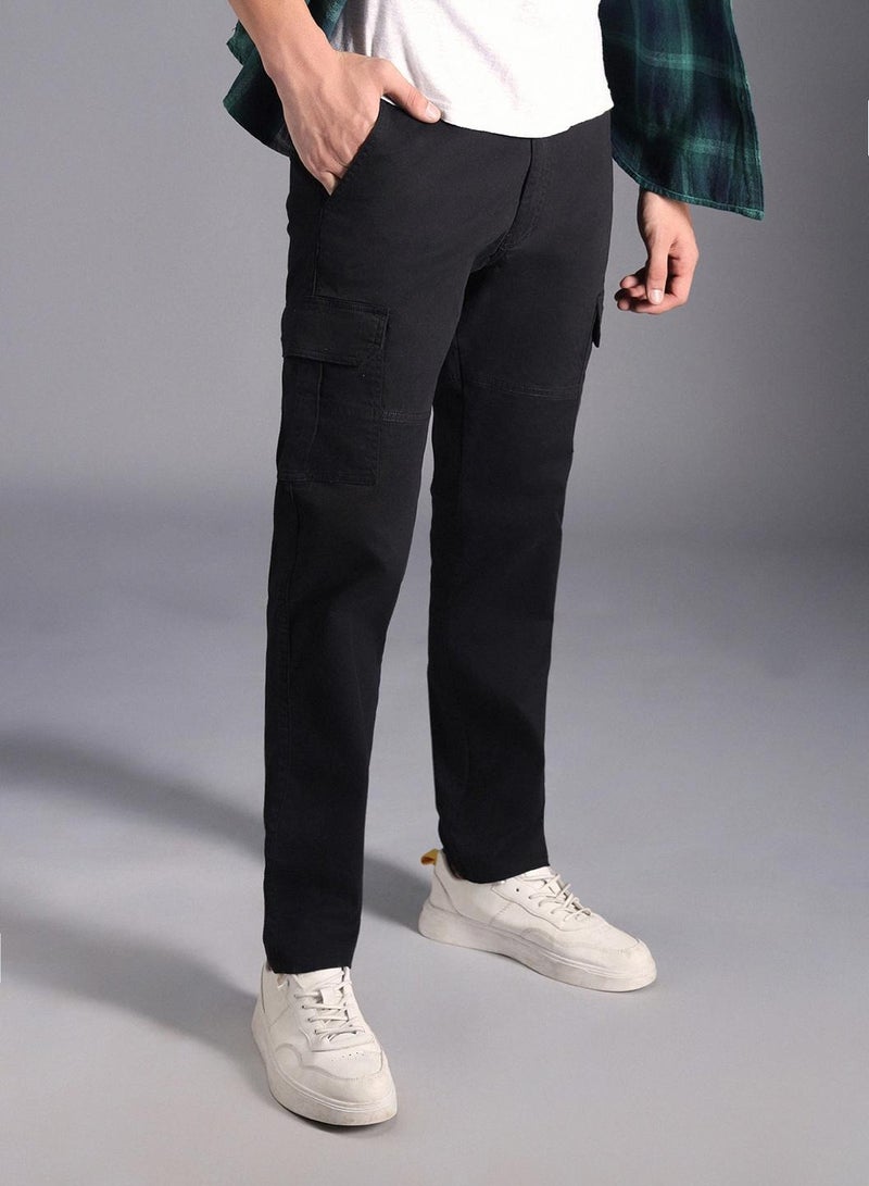 HIGH STAR Black Relaxed Fit Mid-Rise Cotton Cargo Trousers for Men  - Image 5