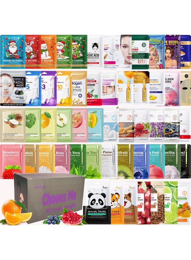 Meleell 55 Pack Collagen Face Masks Skincare BulkSheet Masks Variety Set with Animal Bubble Christmas Fruit Facial Masks Skincare Gift Box for Women Teens Spa Lovers - Image 2
